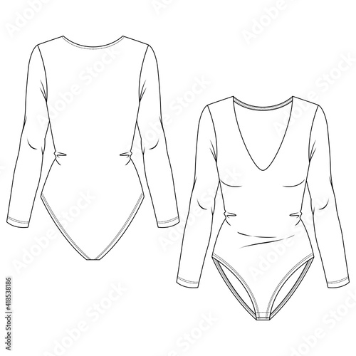 Women Long Sleeves Bodysuit fashion flat sketch template. Technical Fashion Illustration. Low V-Neck