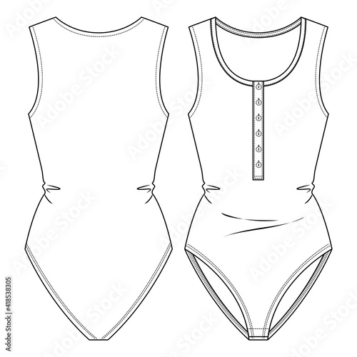 Women Sleeveless Bodysuit fashion flat sketch template. Technical Fashion Illustration. Low Round Neck. Front Henley placket with button closure