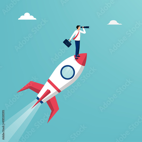 Businessman standing on space shuttle flying to the sky illustration. Business and career path concept.