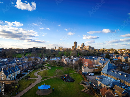 The aerial view of the cathedral of Ely, a city in Cambridgeshire, England photo