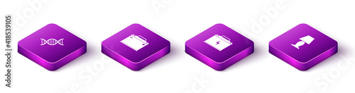 Set Isometric DNA symbol, Car battery, and Table lamp icon. Vector.