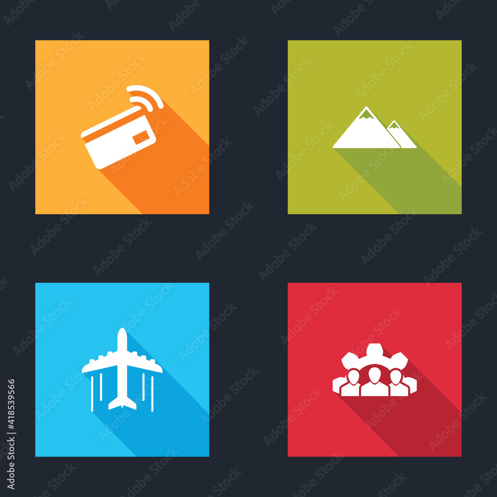 Set Contactless payment, Mountains, Plane and Project team base icon. Vector.