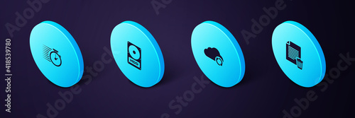 Set Isometric Delete file document, Cloud sync refresh, Hard disk drive HDD and Stopwatch icon. Vector.