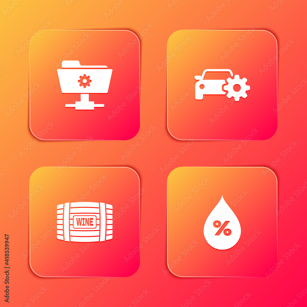 Set FTP settings folder, Car service, Wooden barrel for wine and Water drop percentage icon. Vector. Set FTP settings folder, Car service, Wooden barrel for wine and Water drop percentage icon. Vector.