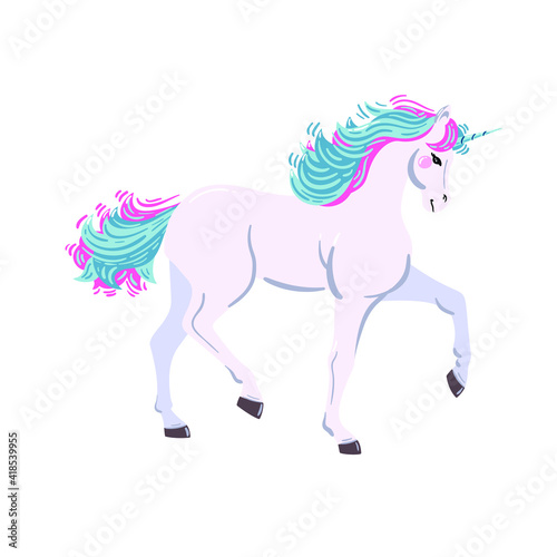 Beautiful white unicorn with pink and blue hair isolated on white. Vector unicorn illustration. 