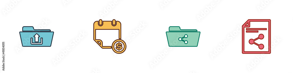 Set Folder upload, Financial calendar, Share folder and file icon. Vector. Set Folder upload, Financial calendar, Share folder and file icon. Vector.