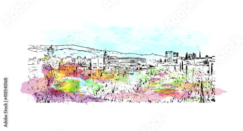 Building view with landmark of Granada is a city in southern Spain. Watercolour splash with hand drawn sketch illustration in vector.