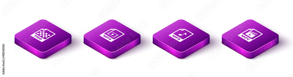 Set Isometric PNG file document, MP4, MP3 and MOV icon. Vector. Set Isometric PNG file document, MP4, MP3 and MOV icon. Vector.