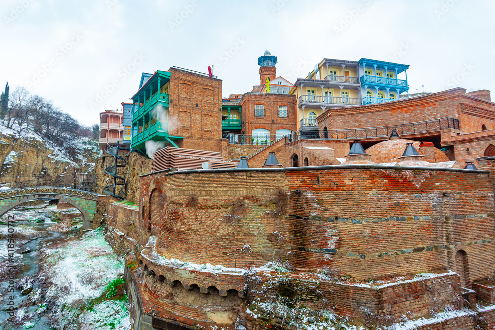Abanotubani covered with snow, old district of Tbilisi
