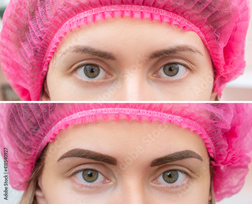 Close up photo comparison before and after permanent make up. Tattooing of eyebrows for woman in beauty salon