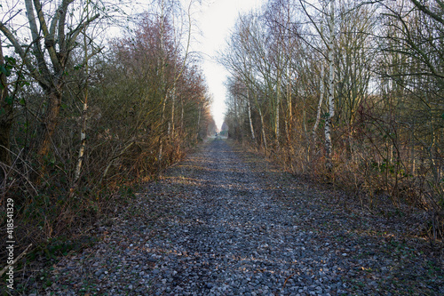 Long, straight, disused railway track on a frosty morning photo