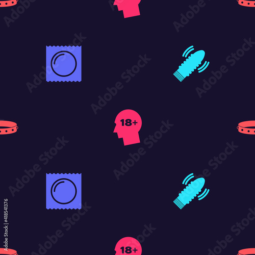 Set Dildo vibrator for sex games, Condom in package, Head with 18 plus and Leather fetish collar on seamless pattern. Vector.