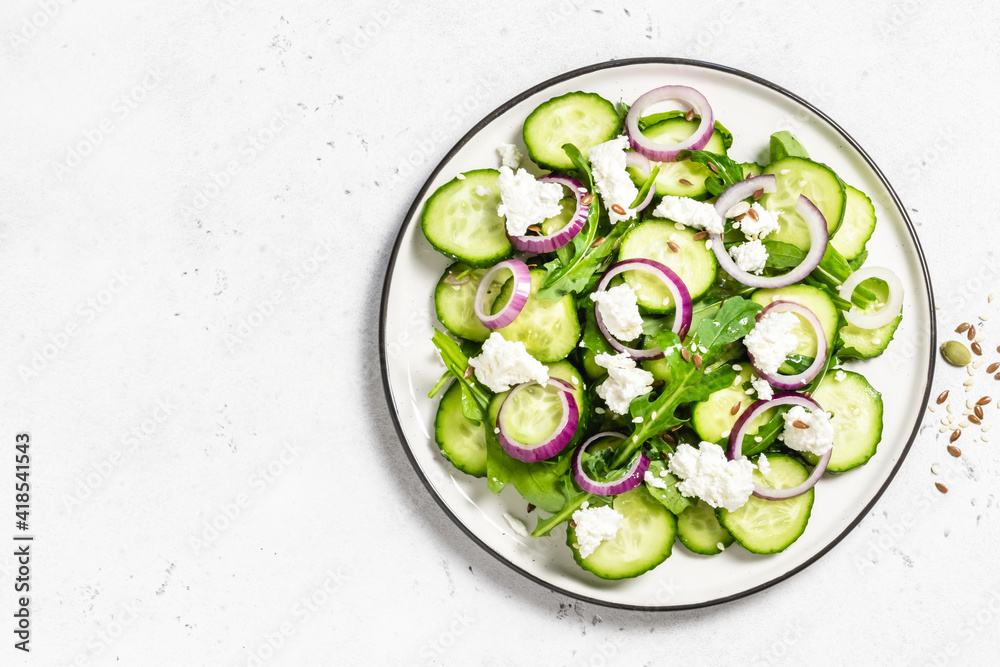 Classic cucumber salad. Space for text, top view.