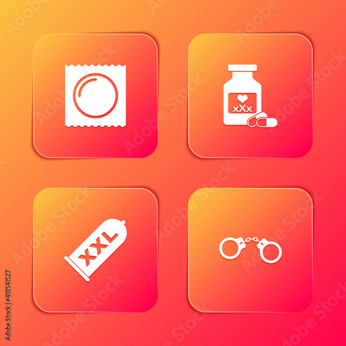 Set Condom in package, Bottle with pills for potency, safe sex and Handcuffs icon. Vector.