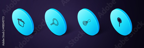 Set Isometric Frying pan, Kitchen whisk, and Cooking pot icon. Vector.