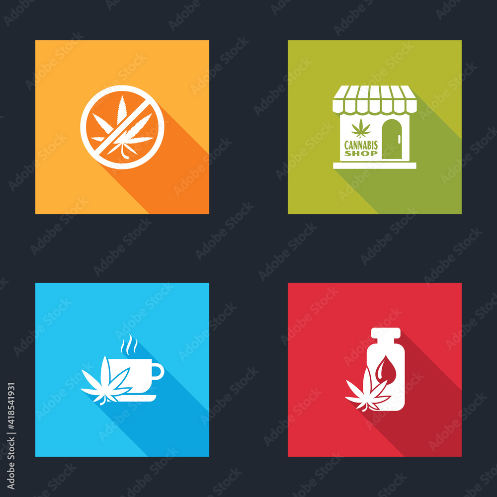Set Stop marijuana, Marijuana and cannabis store, Cup tea with and leaf oil icon. Vector. Set Stop marijuana, Marijuana and cannabis store, Cup tea with and leaf oil icon. Vector.