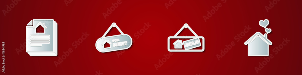 Set House contract, Hanging sign with For Rent, Sold and heart shape icon. Vector. Set House contract, Hanging sign with For Rent, Sold and heart shape icon. Vector.