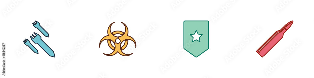 Set Rocket, Biohazard symbol, Chevron and Bullet icon. Vector. Set Rocket, Biohazard symbol, Chevron and Bullet icon. Vector.