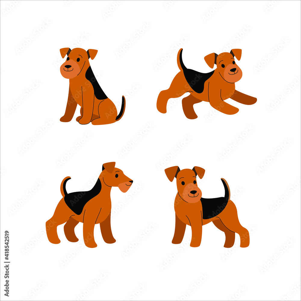 Airedale terrier icon set. Different type of  airedale terrier. Vector illustration for prints, clothing, packaging, stickers.