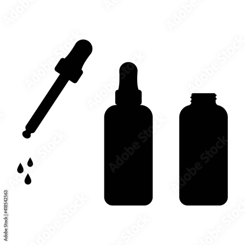 Black and white image of a pipette, bottle and drops in flat design.