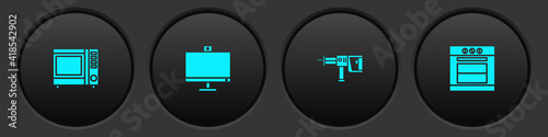 Set Microwave oven, Computer monitor, Rotary hammer drill machine and Oven icon. Vector.