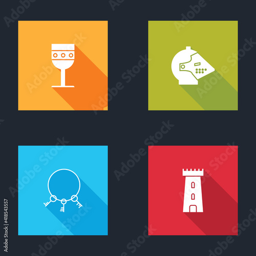 Set Medieval goblet, iron helmet, Old keys and Castle tower icon. Vector.