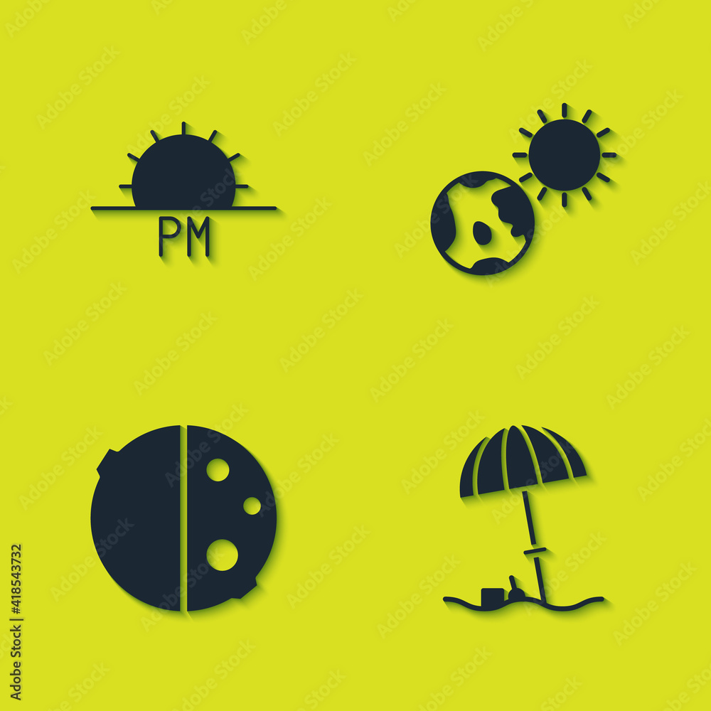 Set Sunset, protective umbrella for beach, Eclipse of the sun and Earth globe and icon. Vector. Set Sunset, protective umbrella for beach, Eclipse of the sun and Earth globe and icon. Vector.