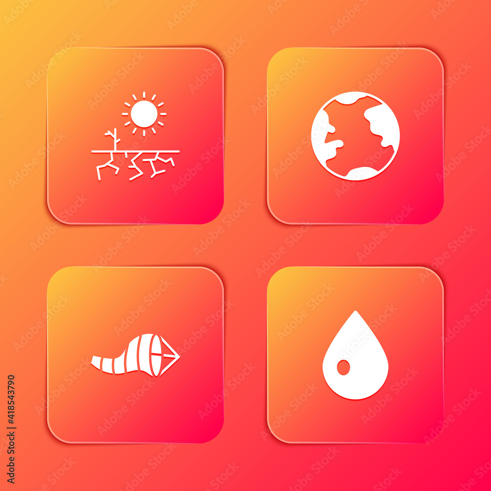Set Drought, Earth globe, Cone meteorology windsock wind vane and Water drop icon. Vector. Set Drought, Earth globe, Cone meteorology windsock wind vane and Water drop icon. Vector.