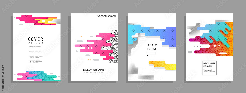 Covers templates set with graphic geometric elements. Applicable for brochures, posters, covers and banners. Vector illustrations. Covers templates set with graphic geometric elements. Applicable for brochures, posters, covers and banners. Vector illustrations.