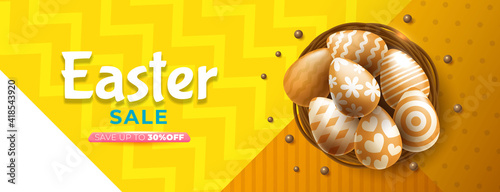Easter eggs in basket with abstract background