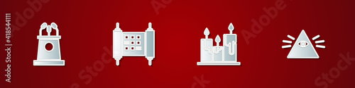 Set Stage stand or tribune, Decree, paper, parchment, scroll, Burning candles and Masons icon. Vector.