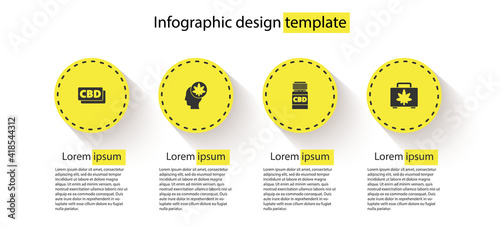 Set Cannabis molecule, Head with marijuana or cannabis, Medical bottle and Shopping box of. Business infographic template. Vector.