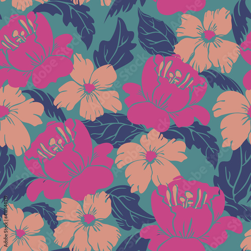 Vector seamless pattern with vivid blooming abstract flowers. Exuberant blossom design.