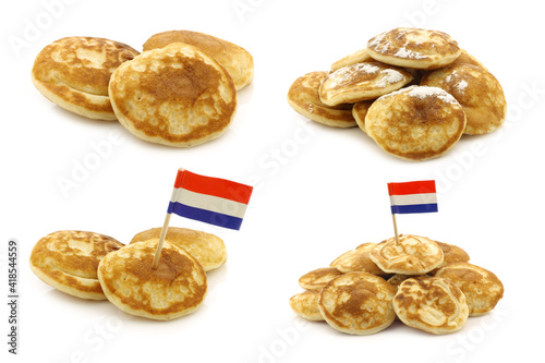 freshly baked traditional Dutch mini pancakes called "poffertjes" and some with a Dutch flag toothpick on a white background