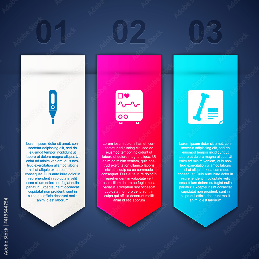 Set Medical digital thermometer, Monitor with cardiogram and X-ray shots. Business infographic template. Vector. Set Medical digital thermometer, Monitor with cardiogram and X-ray shots. Business infographic template. Vector.