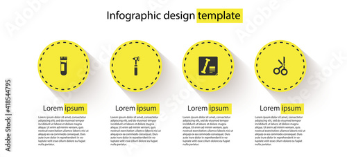 Set Test tube with blood, Medical otoscope tool, X-ray shots and scissors. Business infographic template. Vector.