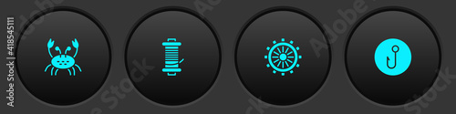 Set Crab, Spinning reel for fishing, Ship steering wheel and Fishing hook icon. Vector.