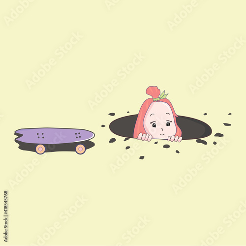 Young Girl play surf skate, falling in a sump. cartoon, illustration. skateboard.