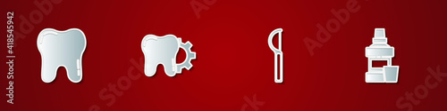 Set Tooth, treatment procedure, Dental floss and Mouthwash bottle icon. Vector.