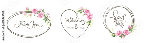 Pink roses -- set frames for invitations. Vector illustration, frame, backgrounds with design element in watercolor style. Calligraphic lettering collection.