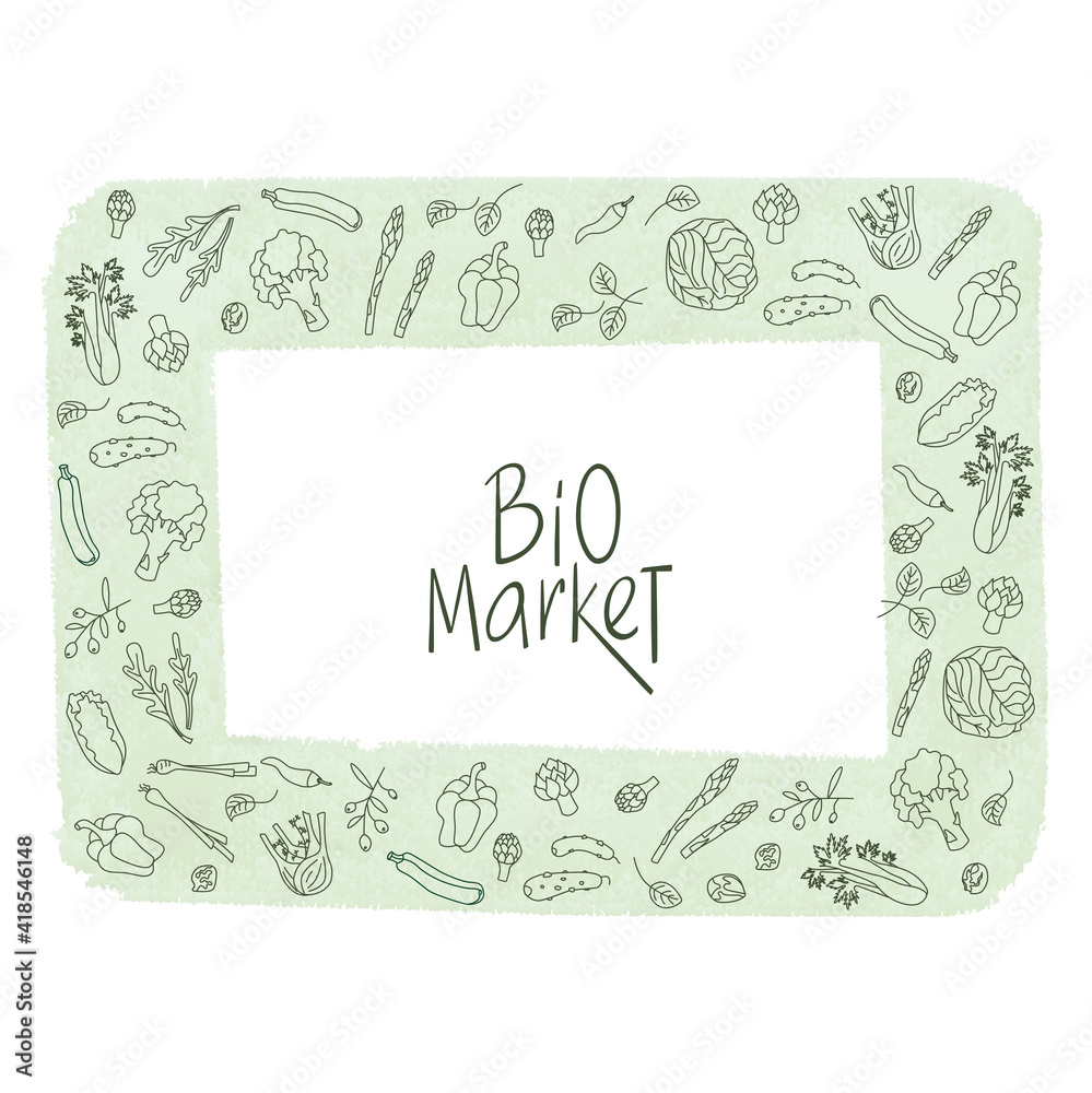 Bio market sign with green outline vegetables frame. Handwritten lettering fresh font. Vector stock illustration isolated on white background. EPS10