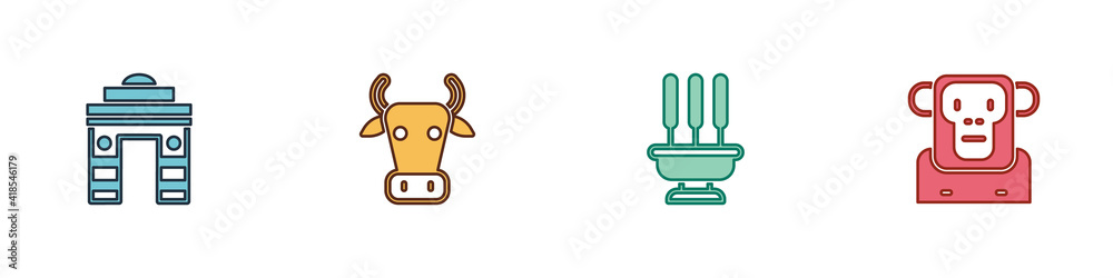 Set India Gate in Delhi, Cow, Incense sticks and Monkey icon. Vector. Set India Gate in Delhi, Cow, Incense sticks and Monkey icon. Vector.