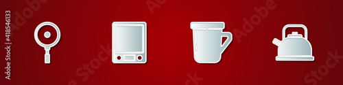 Set Frying pan, Electronic scales, Coffee cup and Kettle with handle icon. Vector.