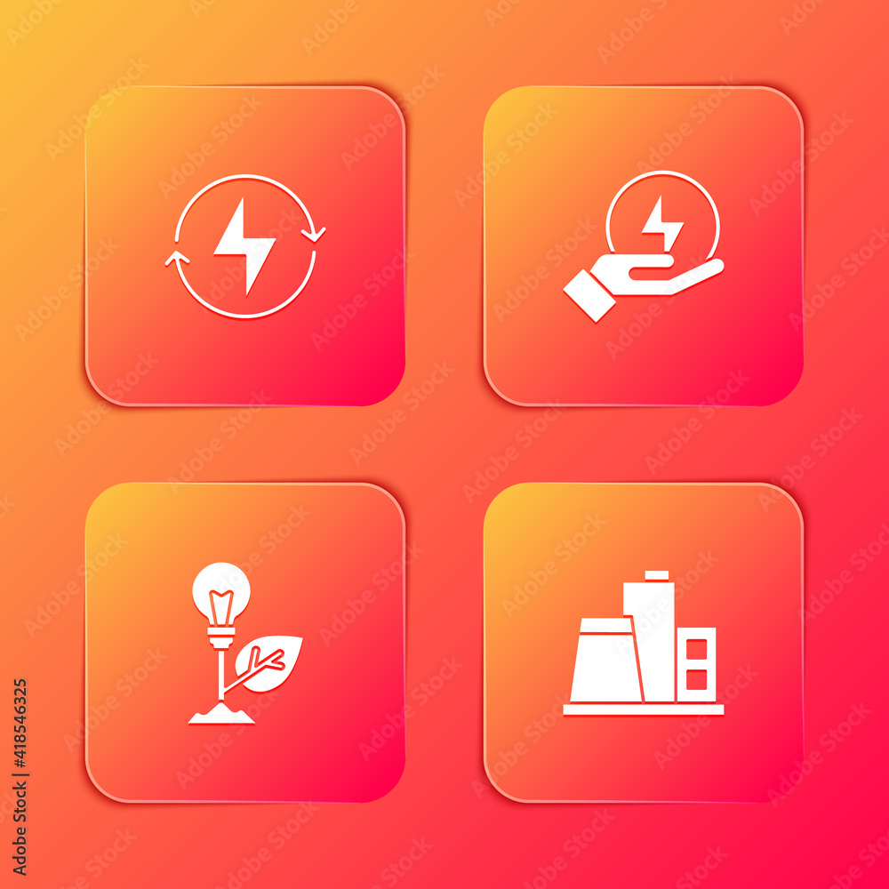 Set Lightning bolt, , bulb with leaf and Factory icon. Vector.