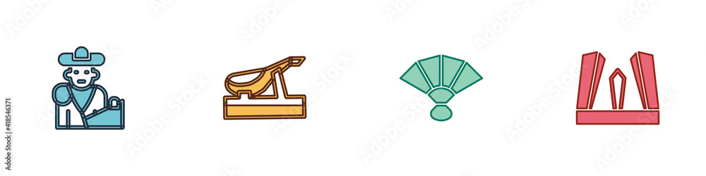 Set Bullfight, matador, Spanish jamon, Fan flamenco and Gate of Europe icon. Vector. Set Bullfight, matador, Spanish jamon, Fan flamenco and Gate of Europe icon. Vector.