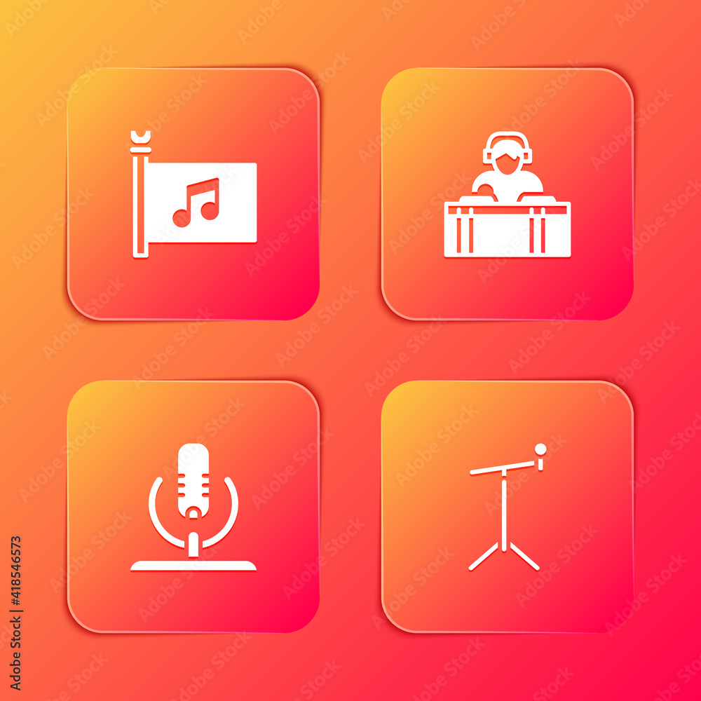 Set Music festival flag, DJ playing music, Microphone and with stand icon. Vector. Set Music festival flag, DJ playing music, Microphone and with stand icon. Vector.