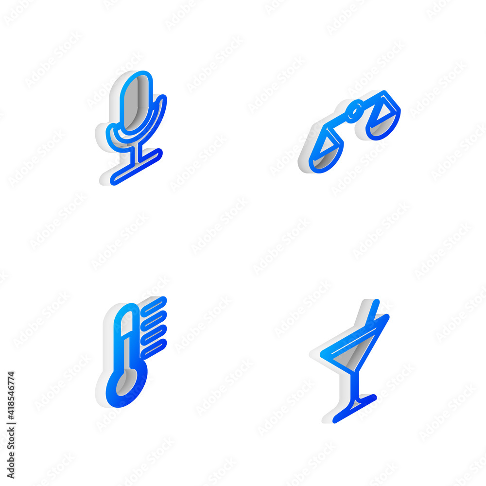 Set Isometric line Scales of justice, Microphone, Thermometer and Martini glass icon. Vector. Set Isometric line Scales of justice, Microphone, Thermometer and Martini glass icon. Vector.