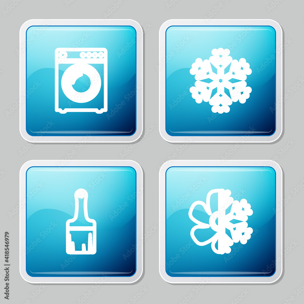 Set line Washer, Snowflake, Paint brush and Air conditioner icon. Vector. Set line Washer, Snowflake, Paint brush and Air conditioner icon. Vector.