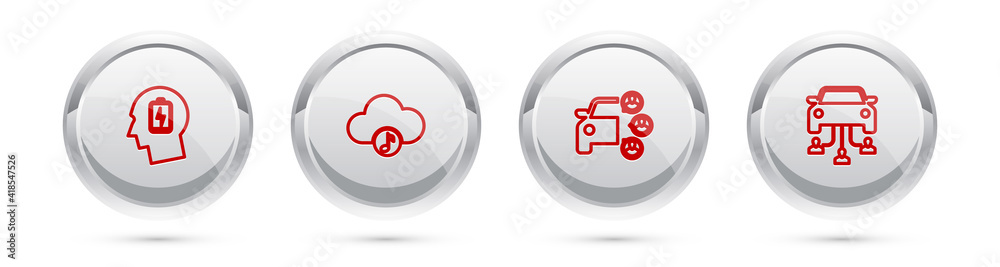 Set line Head with low battery, Music streaming service, Car sharing and . Silver circle button. Vector. Set line Head with low battery, Music streaming service, Car sharing and . Silver circle button. Vector.