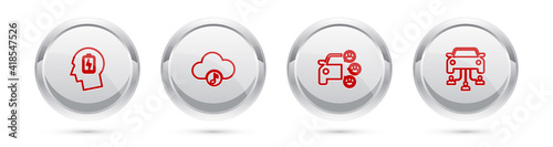 Set line Head with low battery, Music streaming service, Car sharing and . Silver circle button. Vector.